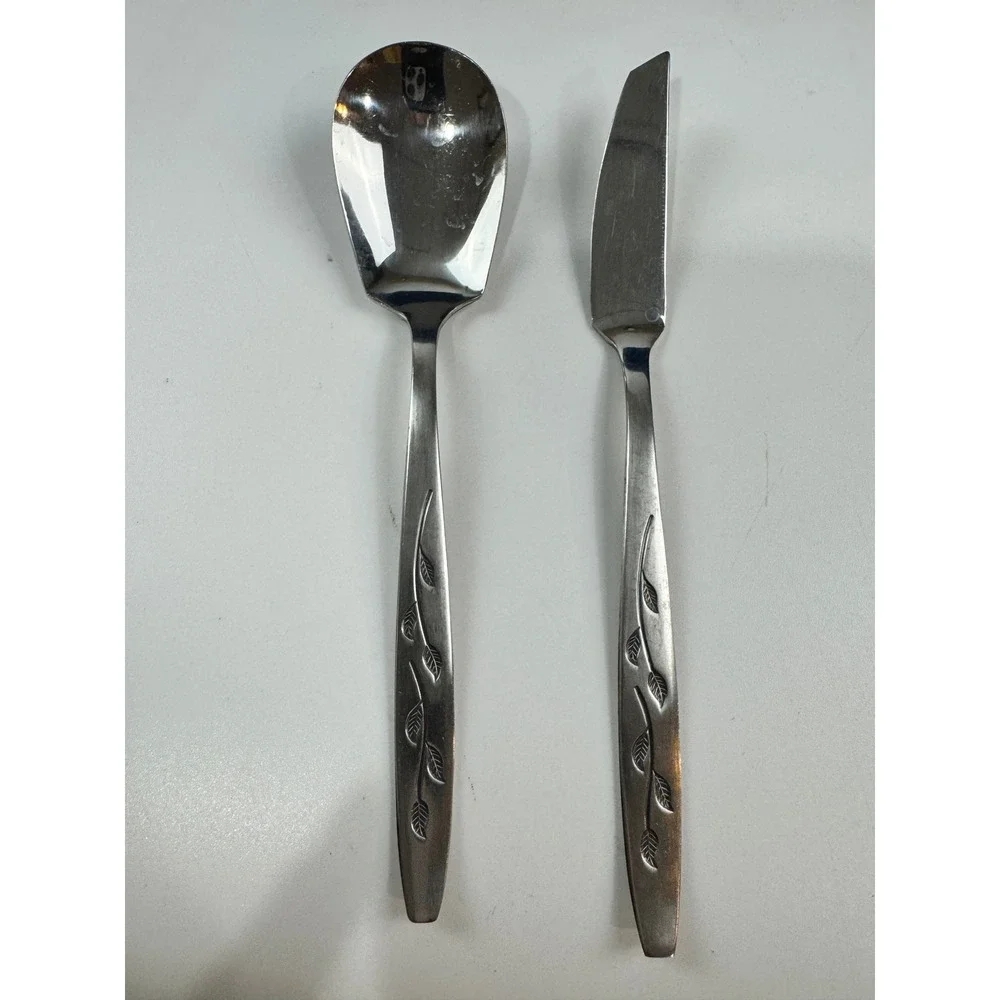 National‎ Stainless Haiti Flatware Japan Leaf Pattern Spoon and Spreader Knife